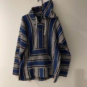 Men's Blue and Gray Striped rug poncho with hood size XL